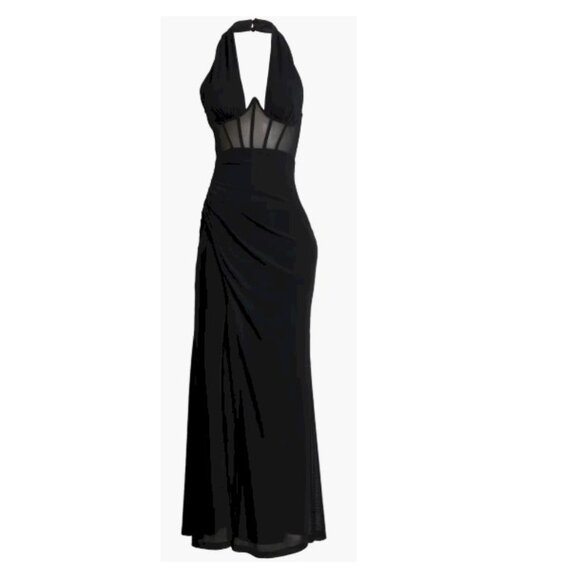 Never-Ending Glamour Black Mesh Cross-Front Halter Maxi Dress Size XS NWOT - Picture 8 of 13